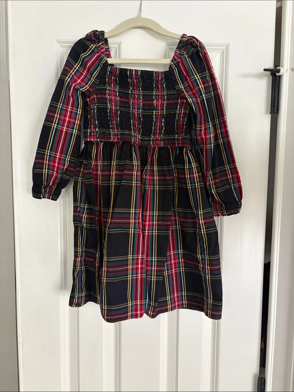 Crew cuts Girls Black Red Plaid Long-Sleeve Smocked Dress